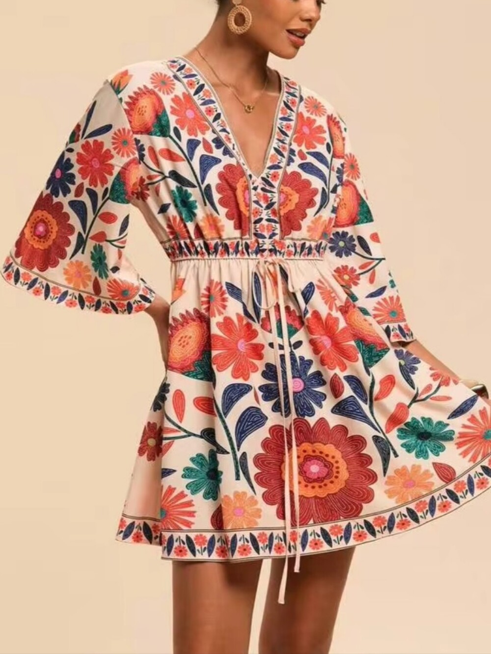 Boho Floral Dress - Cream with Multicolor Floral Print